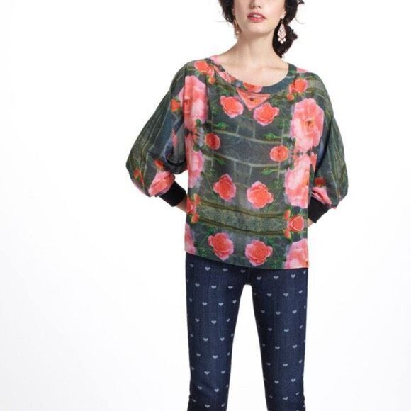 Anthropologie Floral Print Top Maytham Rose Dolman Blouse By Julie Haus, Size Sm - Picture 4 of 16